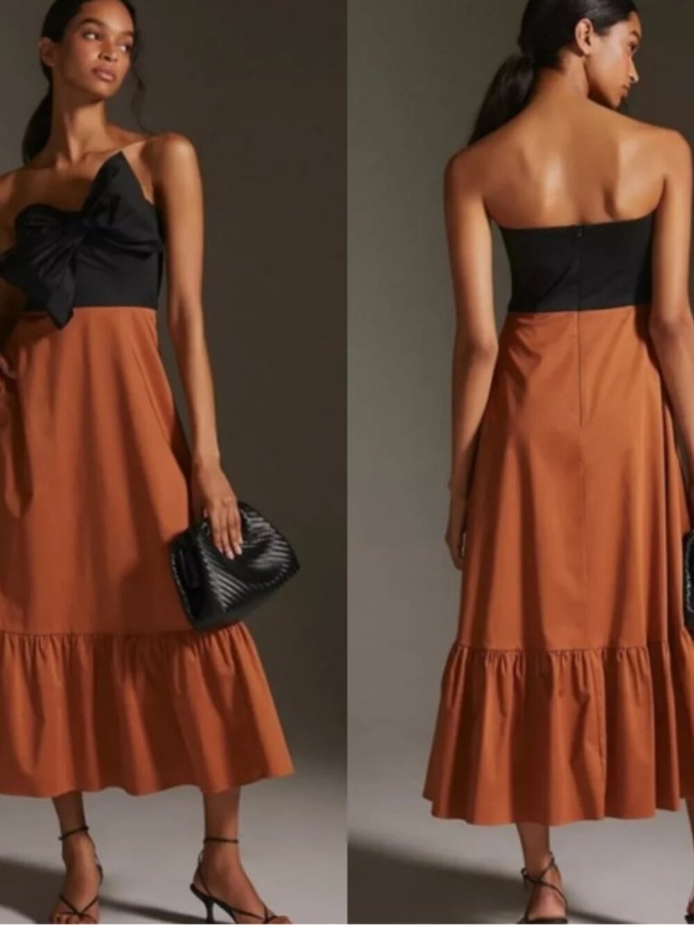 Anthropologie Hutch Bow-Tie Colorblock Strapless Maxi Dress Black Brown Size 14